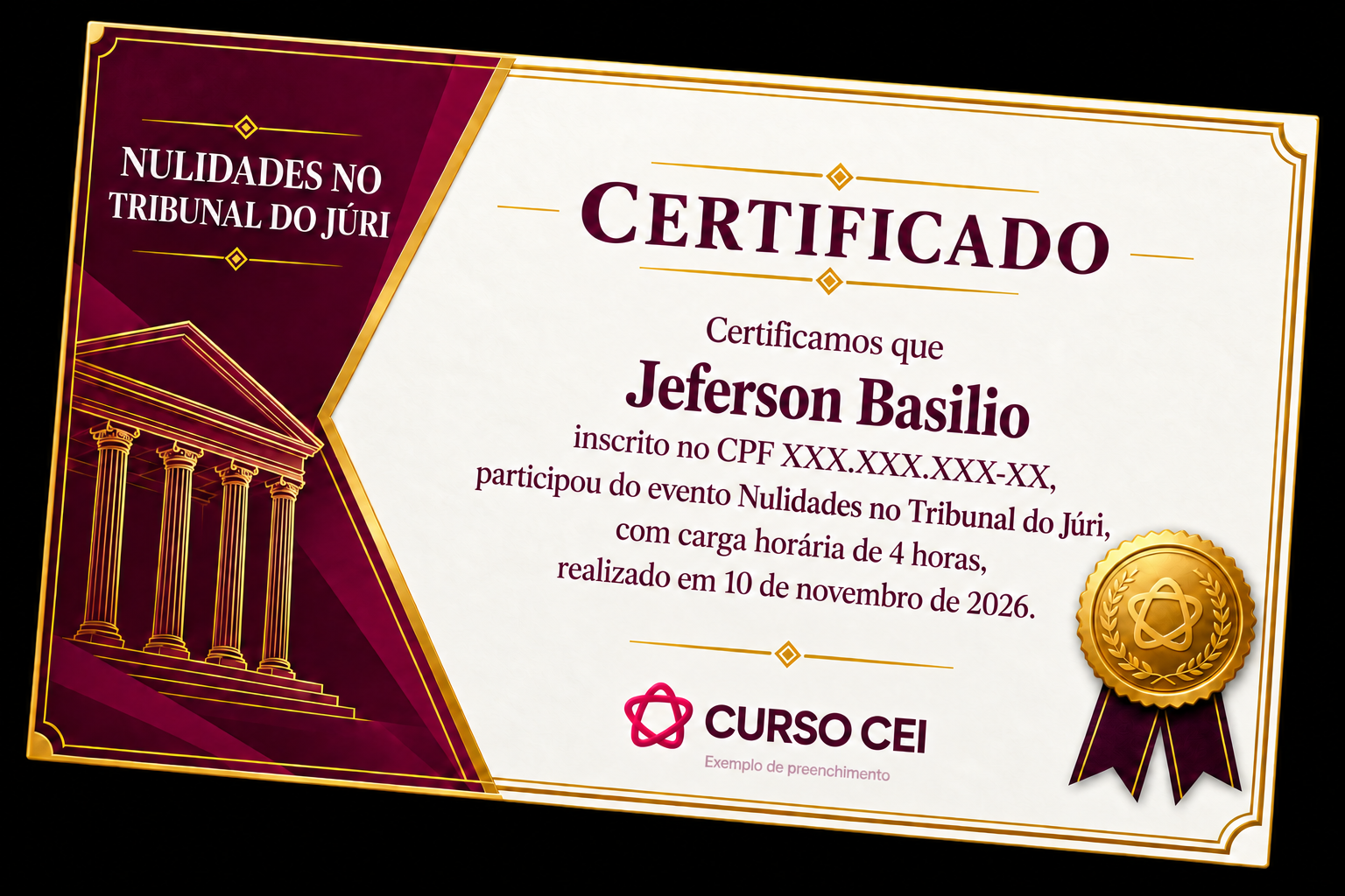 Modelo ilustrativo do certificado de participação de 4 horas em Nulidades no Tribunal do Júri